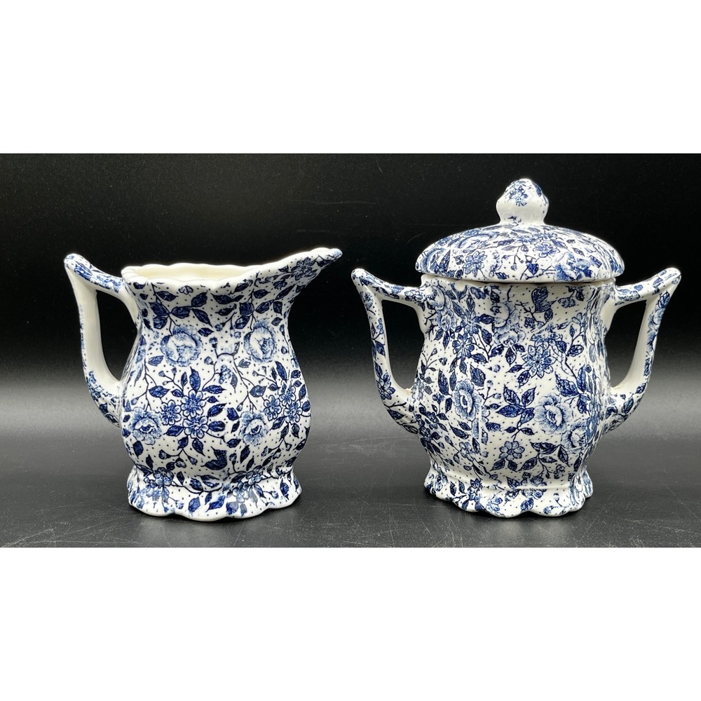 Vtg Enesco Blue White Floral Chintz Creamer Sugar Bowl Set Ceramic Calico As Is